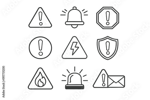 A collection of nine white line icons on a black background representing various warning and alert symbols, including exclamation marks, a bell, fire, electricity, and a siren.