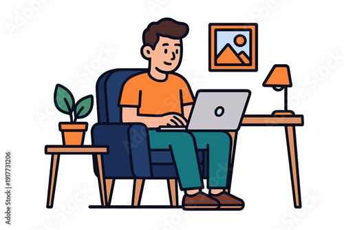 A flat illustration of a man sitting in a blue armchair while working on a laptop. The scene includes a potted plant, a desk with a lamp, and a framed picture on the wall.