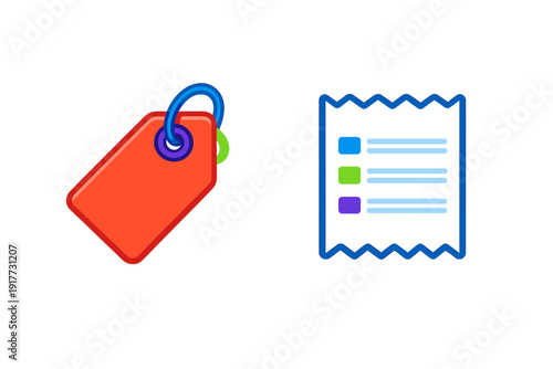This illustration features a red sales tag with blue and green rings alongside a blue receipt or list icon. The graphic elements are presented on a plain black background.