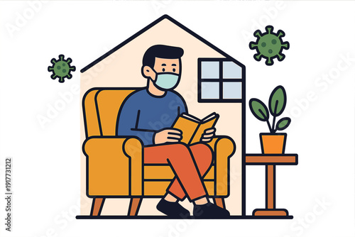 An illustration of a man wearing a protective face mask while sitting in an armchair and reading a book inside a house, with virus symbols floating outside to represent quarantine.
