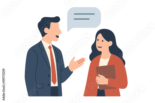 A flat vector illustration of a man in a blue suit and a woman in an orange blazer having a professional conversation. The man is gesturing while a speech bubble appears above him.