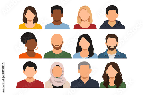 Twelve diverse faceless human avatars are arranged in a grid. The illustration features men and women of different ethnicities and ages, showcasing a variety of hairstyles and clothing.
