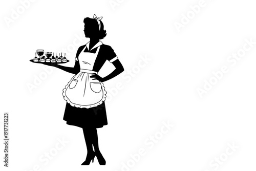 1950s Housewife Hostess Serving Party Snacks Silhouette Vector for Vintage Home Entertaining and Social Events