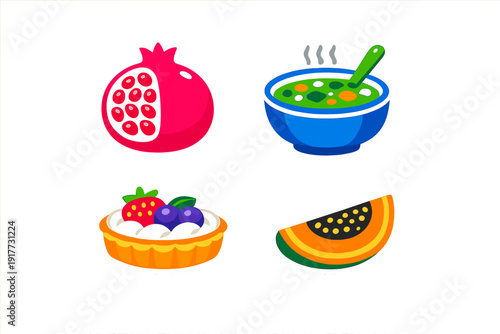 A collection of four colorful food stickers featuring a pomegranate, a bowl of hot soup, a fruit tart with berries, and a slice of papaya, all set against a solid black background.
