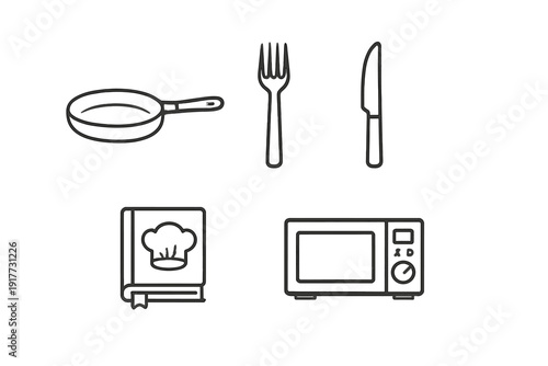 A collection of four white line art icons on a black background featuring a frying pan, a fork and knife set, a cookbook with a chef hat, and a microwave oven for kitchen use.