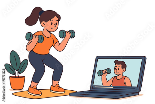 A woman exercises at home by performing squats with dumbbells while watching an online workout video on a laptop. The scene includes a potted plant and a yellow exercise mat.