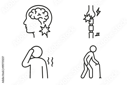 A set of four black line art icons illustrating neurological symptoms and physical health issues, including headache, nerve pain, dizziness, and mobility impairment with a cane.