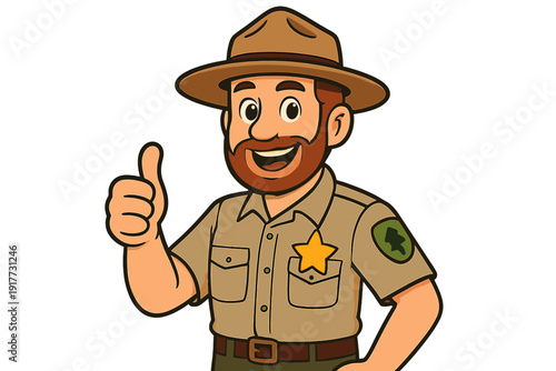 A cartoon illustration of a friendly park ranger with a beard wearing a tan uniform and campaign hat, giving a thumbs-up gesture while smiling against a black background.