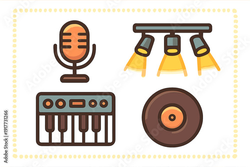 This flat design illustration displays four music icons including a microphone, stage lights, a keyboard, and a vinyl record, all enclosed within a dotted rectangular frame.