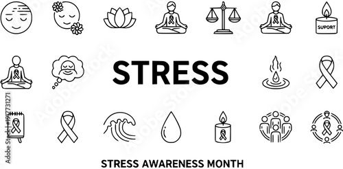 Stress Awareness Month Icons: Meditation, Support, Hope, and Calm