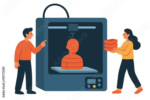 A flat illustration showing a man and a woman using a large 3D printer to create an orange bust of a person. The woman holds materials while the man points at the process.