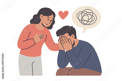 A flat vector illustration showing a woman comforting a man who is hiding his face in his hands. A heart and a tangled thought bubble represent empathy and mental confusion.