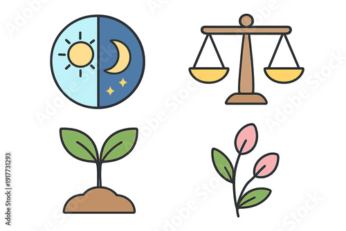 A flat vector clipart bundle featuring four isolated objects for the spring equinox, including a day and night cycle icon, a balance scale, a growing sprout, and a flowering plant.