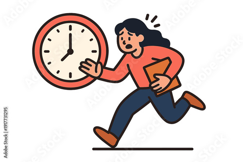 A cartoon woman runs with a folder in her hand, looking worried and stressed next to a large wall clock showing eight o'clock, symbolizing time pressure and being late for work.