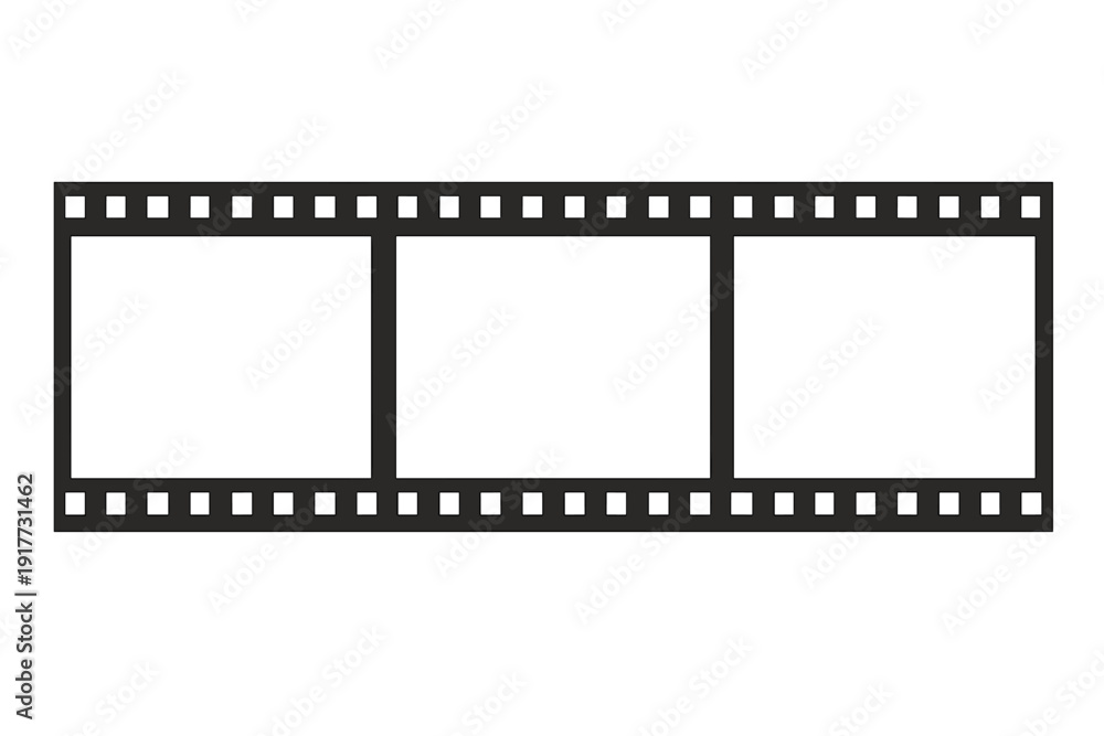 Fototapeta premium A black and white illustration of a classic film strip with three empty frames. The graphic features sprocket holes along the top and bottom edges against a dark background.