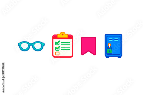 A set of four colorful flat icons including blue glasses, a clipboard with a checklist, a pink bookmark, and a blue locker with a green padlock, all isolated on a black background.