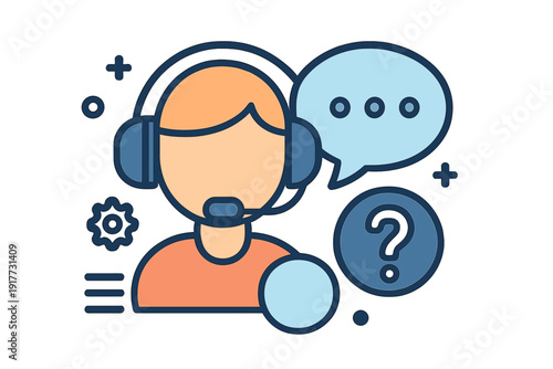 This flat vector illustration features a call center agent with a headset, a speech bubble, and a question mark icon, representing customer service and technical support.