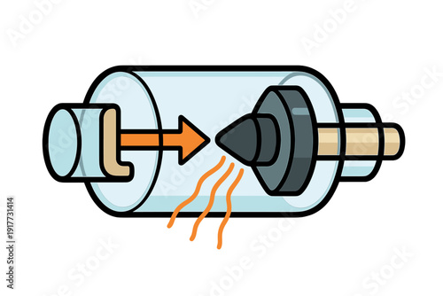 A flat vector illustration depicting a simplified x-ray tube with an electron beam hitting a target to produce radiation waves inside a transparent glass cylinder.