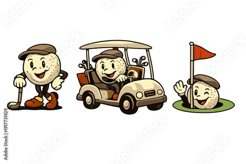 Three vintage cartoon golf ball characters are shown against a black background. One stands with a club, another drives a golf cart, and the third waves from a hole with a red flag.