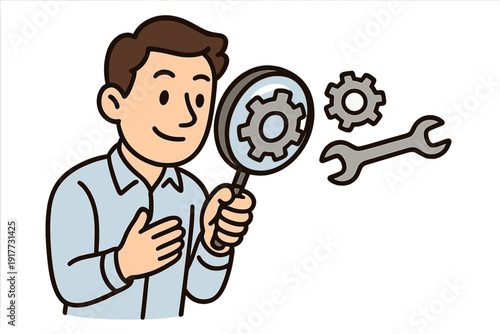 A cartoon illustration of a man in a light blue shirt holding a magnifying glass to inspect a gear, with another gear and a wrench floating nearby on a black background.