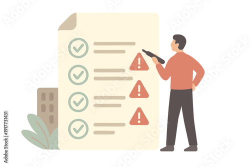 A man stands next to a large checklist, pointing a pen at red warning icons. The document features green checkmarks, representing a process of verification, audit, or risk assessment.