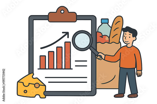 A man examines a clipboard with a rising bar graph using a magnifying glass. A grocery bag and cheese are nearby, illustrating economic concepts like inflation and food prices.