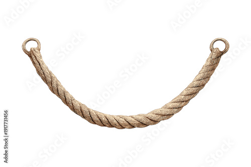 A thick twisted natural fiber rope hangs in a curved U-shape against a solid black background. The ends of the rope are securely attached to two small metal rings on either side.