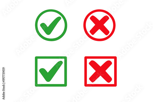 Four icons on a black background showing green check marks and red crosses within circular and square frames. These graphic elements represent correct and incorrect choices or status.