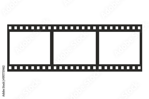 A black and white illustration of a classic film strip with three empty frames. The graphic features sprocket holes along the top and bottom edges against a dark background.
