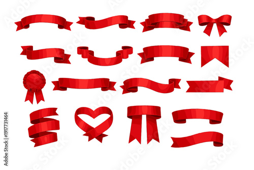 A collection of sixteen red satin ribbons and banners in various shapes and styles, including bows, rosettes, and heart designs, set against a dark background for decorative use.