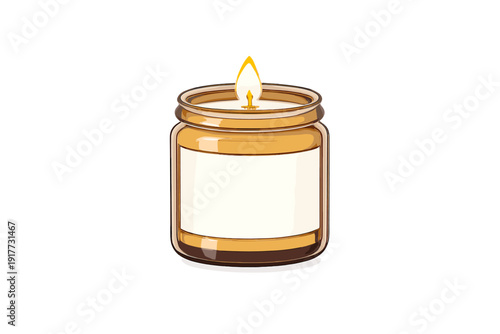 A digital illustration of a lit scented candle in an amber glass jar with a blank white label. The candle has a bright yellow flame and is set against a solid black background.