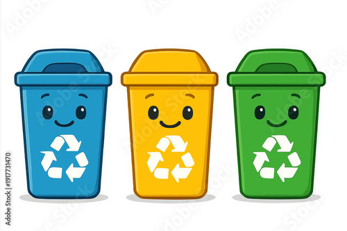 Three cute cartoon recycling bins in blue, yellow, and green colors with smiling faces and white recycling symbols are shown side by side against a black background.