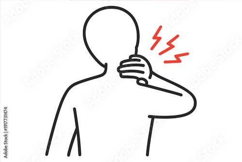 A minimalist line drawing of a person holding their neck in pain, featuring red lightning bolt symbols to represent a sore throat or muscle stiffness on a black background.