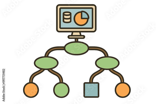 A flat illustration of a computer monitor displaying data charts connected to a hierarchical tree diagram with various nodes in green, orange, and blue on a black background.