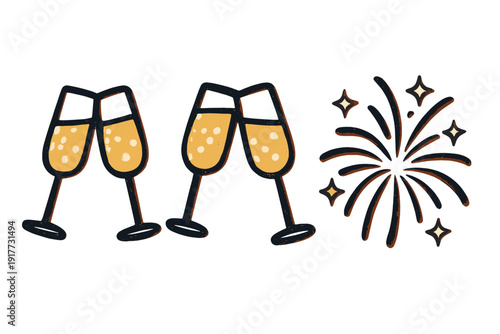 A minimalist illustration featuring two pairs of clinking champagne glasses filled with bubbly liquid alongside a stylized firework burst with stars on a black background.