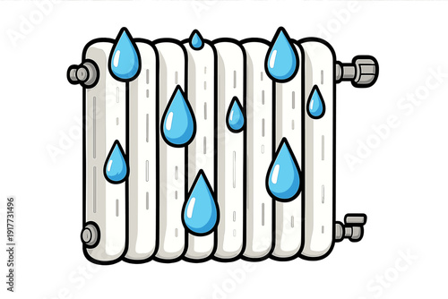 A cartoon illustration of a white radiator with several blue water droplets on its surface, set against a solid black background. The image depicts a leaking or wet heating unit.
