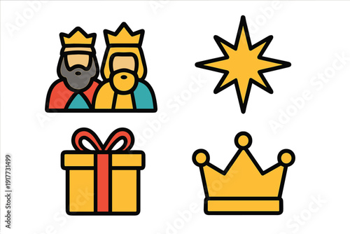 A flat vector icon set for Epiphany featuring two kings with crowns, a bright yellow star, a wrapped gift box with a red ribbon, and a golden crown on a black background.