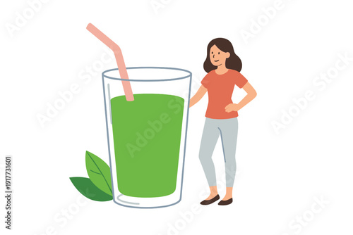 A cartoon illustration of a woman standing next to a giant glass of green smoothie with a pink straw and green leaves at the base. She is smiling and wearing an orange shirt and grey pants.
