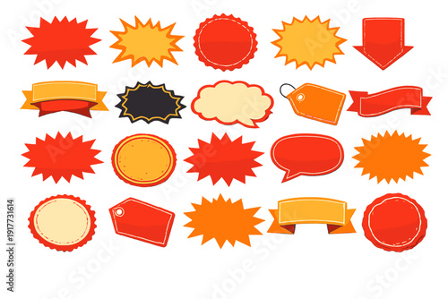 A collection of twenty colorful graphic elements including starbursts, ribbons, price tags, and speech bubbles in red and orange tones, ideal for sales and promotional marketing designs.