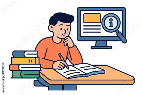 A young man sits at a desk writing in a notebook while looking at a computer screen with an information icon. A stack of books sits nearby in this flat style illustration.