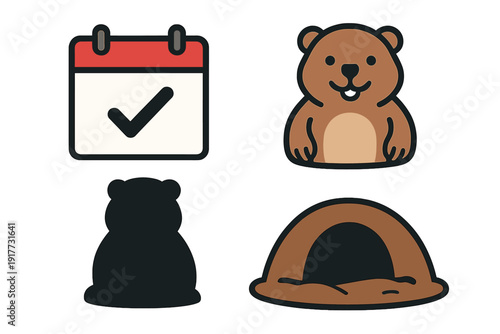 A flat minimal cartoon sticker pack for Groundhog Day featuring a cute brown groundhog, a calendar with a checkmark, a dark silhouette of the animal, and a dirt burrow entrance.