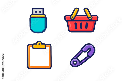 A collection of four colorful flat icons featuring a cyan USB flash drive, a red shopping basket, an orange clipboard, and a purple safety pin isolated on a black background.
