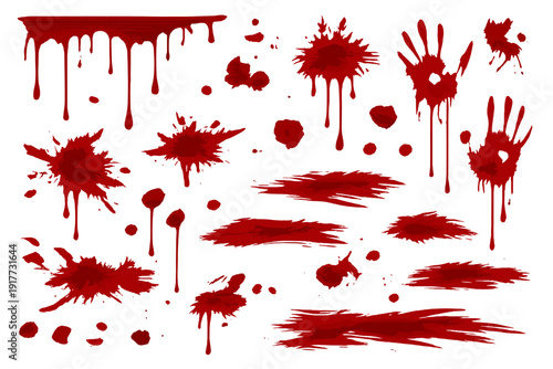 Various red blood splatters, drips, handprints, and smears are displayed on a solid black background. This set features realistic liquid textures suitable for horror and crime designs.