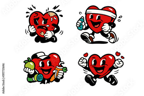 Four retro cartoon heart characters illustrating different health states, including a broken heart, an exercising heart, a heart with healthy food, and a happy energetic heart.