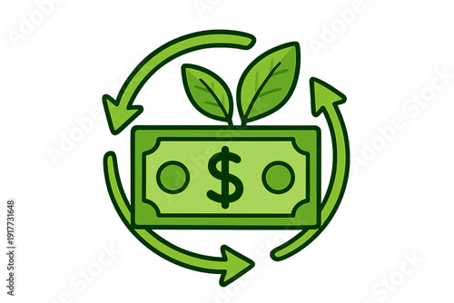 A green graphic features a dollar bill with leaves sprouting from it and encircled by rotating arrows to symbolize environmental investment and sustainable growth.