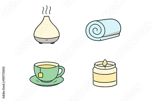 A collection of four relaxation icons including an essential oil diffuser, a rolled blue towel, a green cup of tea with a saucer, and a lit scented candle on a black background.