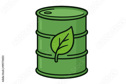 A green oil barrel illustration featuring a leaf symbol, representing eco-friendly energy and biofuel concepts. The barrel has a flat design with thick black outlines on a dark background.