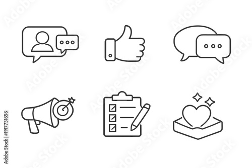A set of six white line icons on a black background representing social media, communication, and marketing concepts like feedback, likes, messaging, and targeted advertising.