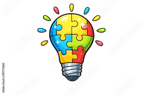 A vibrant illustration of a light bulb composed of colorful jigsaw puzzle pieces on a black background, symbolizing creativity, problem-solving, and innovative thinking.