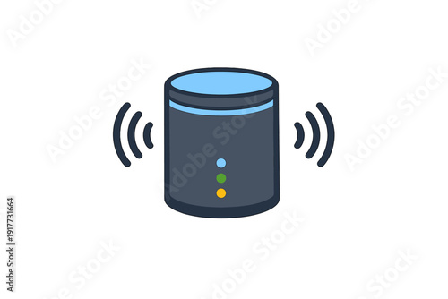 This vector illustration shows a dark grey cylindrical smart speaker with light blue accents and three colored indicator dots. Sound waves emanate from both sides on a black background.